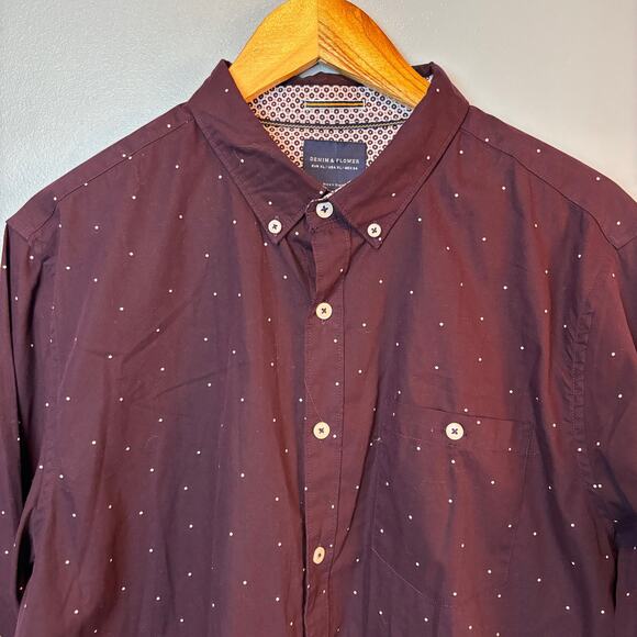 Denim & Flower Mens Dress Shirt Button Up Slim Fit XL Burgundy Long Sleeve - Picture 7 of 8